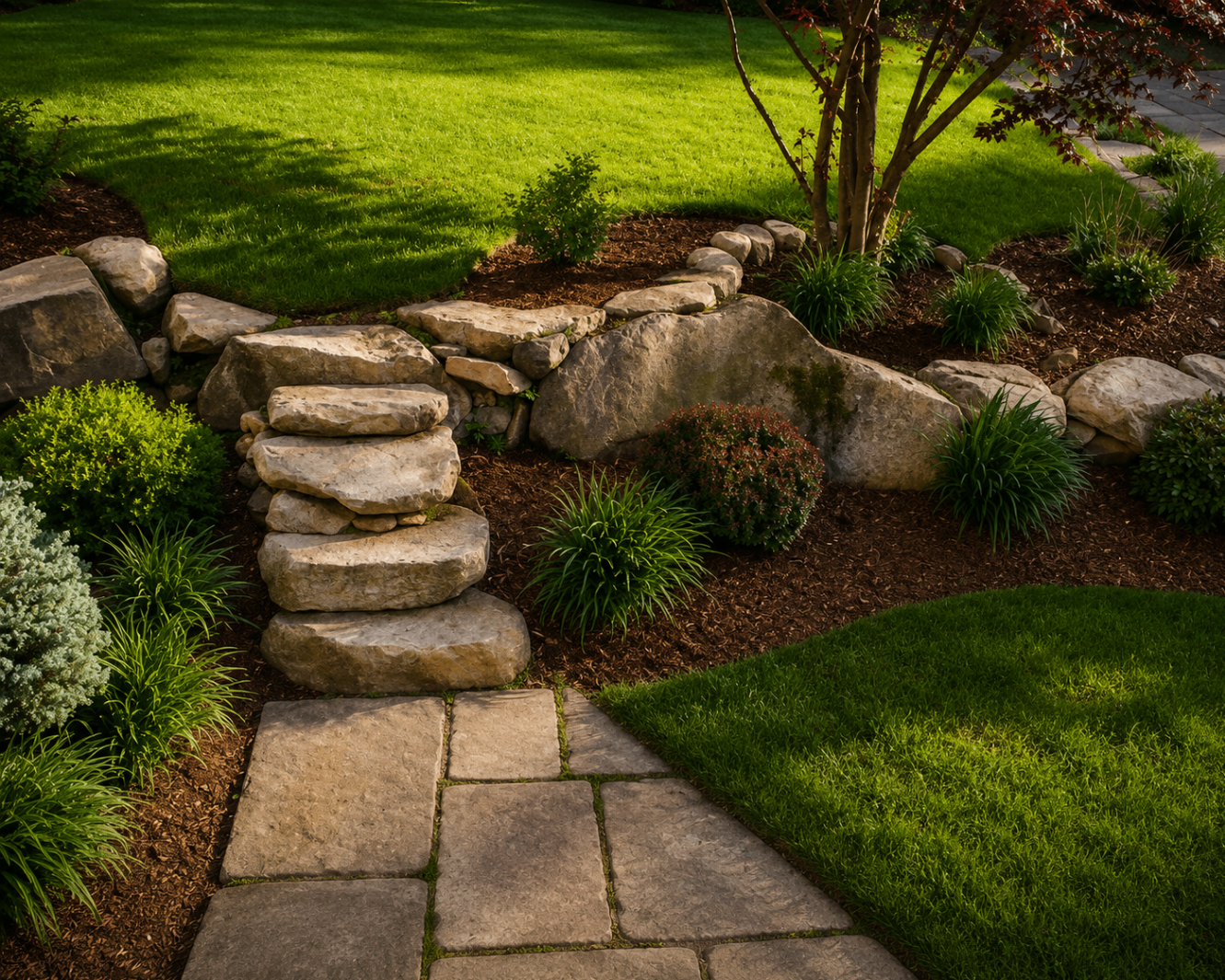 Stone retaining wall and paver path project